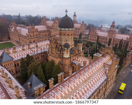 Chernivtsi University Aerial Shot at at Later Autumn in Moody Misty Weather