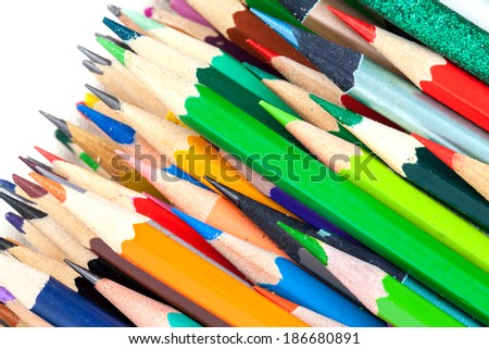 Set of colorful pencils. Macro photo background on white background