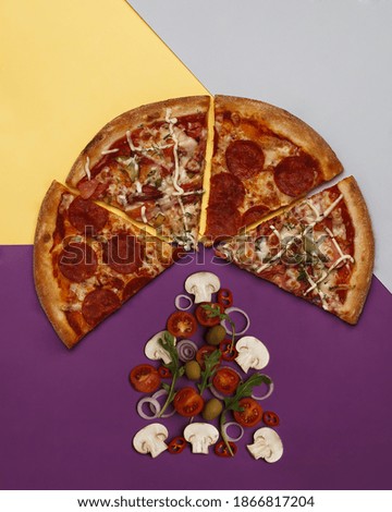 Italian pizza. Classic round pizza. Pizza and slices. Pizza on bright backgrounds with ingredients.