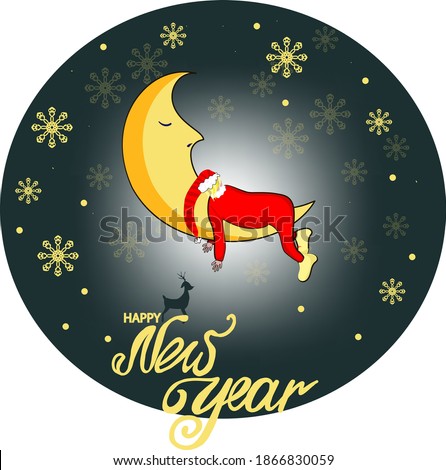 Isolated illustration in a circle on a white background. Big month and the elf sleeps. Snow on the dark sky. The inscription "Happy New Year" is made by hand. Suitable for festive printing.