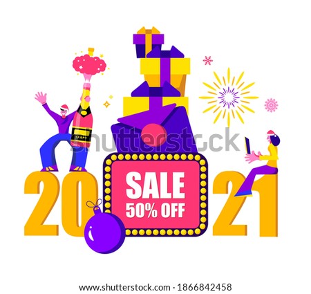 2021 Happy New Year Sale and  Merry Christmas card.
Small people are preparing for holiday.
Modern Cartoon Flat Design Concept for website, Mobile app page, Landing Page. Vector
