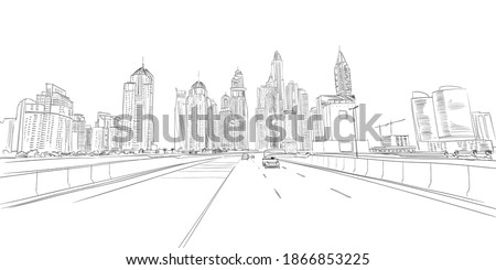 City skyscrapers hand drawn unique perspectives. Dubai. Street sketch, vector illustration