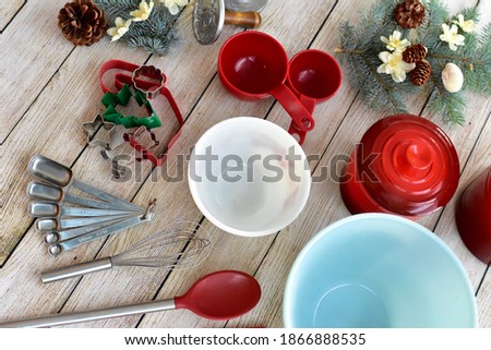 Christmas season holiday baking with kitchen utensils, bowls and other equipment necessary to make delicious and tasty festive winter baked goods