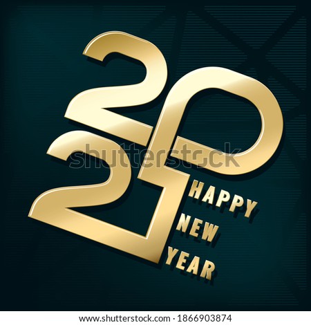 2021 Flat Glossy Gold Single Line Numerals Logo and Happy New Year Lettering Greeting Creative Concept - Golden on Holographic Triangles Turquoise Background - Vector Mixed Graphic Design