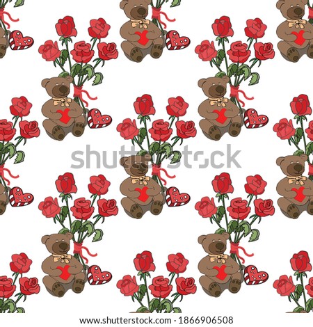 Valentine's day seamless pattern. Bear in love with red roses and a heart on a white background for creating cards and prints