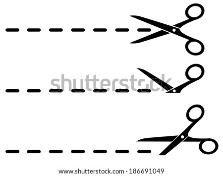 three black scissors and cut lines set on white background