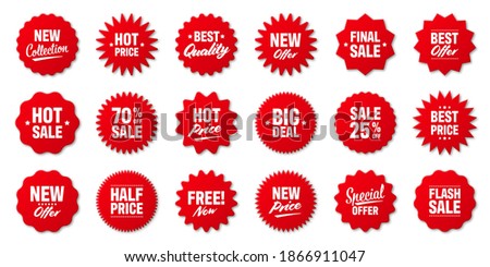 Realistic red price tags collection. Special offer or shopping discount label. Retail paper sticker. Promotional sale badge. Vector illustration. Royalty-Free Stock Photo #1866911047