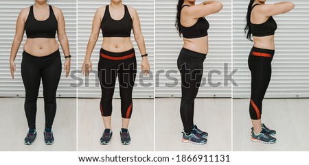 Woman posing before and after weight loss diet. Diet weight loss transformation Royalty-Free Stock Photo #1866911131