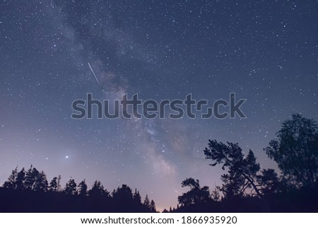 Milky Way and Perseids meteor shower in the night sky.