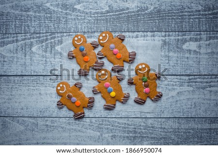 Delicious homemade gingerbread cookies with icing and chocolate on wood board for Christmas.