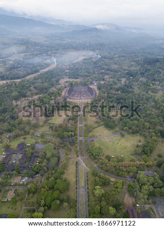 aerial view of Borobudur temple, Yogyakarta. the largest Buddhist temple in Indonesia. religious and historical tourist destinations