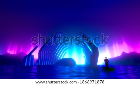 Creative neon glowing background with pink blue vibrant violet neon lights, concept environmental pollution.The skeleton large fish lying in the sea and silhouette of man on a boat.3D illustration