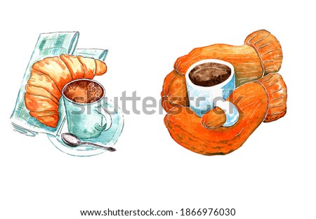 Watercolor cups of coffee set isolated on white background.