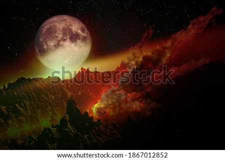Huge meteorite falls to the ground, earth landscape with mountains and full moon before the disaster. Elements of this image furnished by NASA.