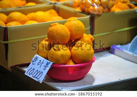 tangerines are on display in Dongmun market, Jeju, Korea, and the meaning of the letters is 'Hallabong, 10,000 won($10)'. Royalty-Free Stock Photo #1867015192