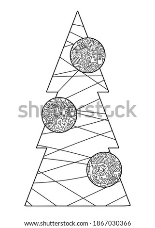Colorings. Christmas tree with decorations. Winter city landscape Doodle illustration . Hand-drawn black and white pattern. Vector