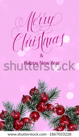 Happy New Year and Merry Christmas! card, banner, flat lay, with text - Merry Christmas,  On a pink background
