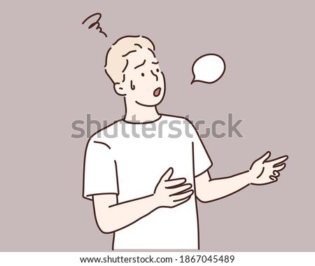 man with incredulous look is talking about a problem using gestures. Hand drawn style vector design illustrations. Royalty-Free Stock Photo #1867045489