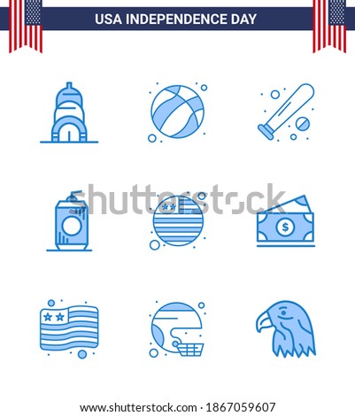 Set of 9 USA Day Icons American Symbols Independence Day Signs for flag; usa; baseball; drink; bottle Editable USA Day Vector Design Elements