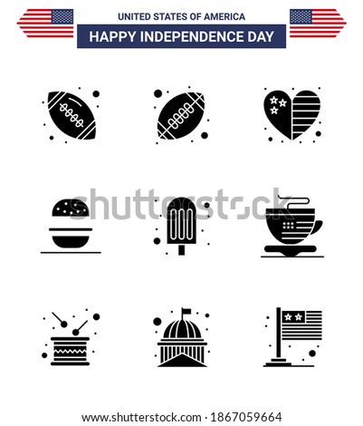 USA Happy Independence DayPictogram Set of 9 Simple Solid Glyphs of coffee; tea; burger; ice cream; cream Editable USA Day Vector Design Elements