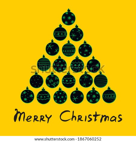 Vector Triangle of Christmas tree balls with lettering Merry Christmas. New year and Xmas illustration for greeting cards, invitations, calendars, prints. Outline, doodle, hand drawn