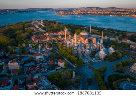 Aerial view of the mosque in the sunset of Istanbul. hagia sophia