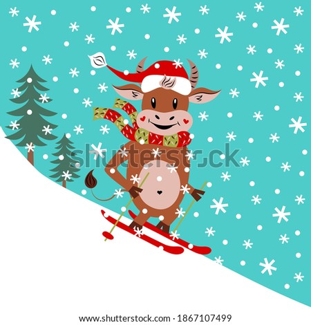 Cute bull skiing down the mountain. Cartoon character. The symbol of the New Year. Christmas. Winter sport. Copy space. Flat design. Vector illustration. Funny animal, fir-tree, snowflakes.