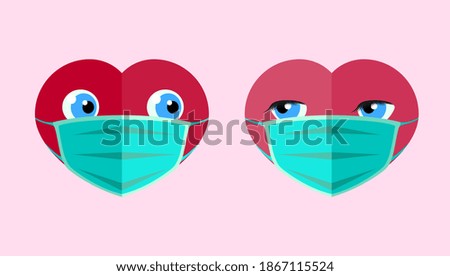 Hearts in medical mask. Social distance for lovers. Valentine's cards. Protection from covid-19
