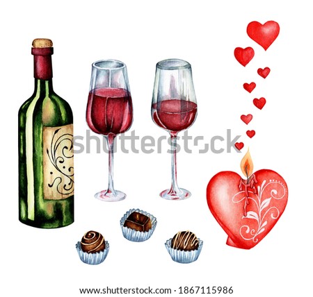 Watercolor romantic illustrations. Set for dating, Valentine's Day, Romantic evening. A bottle of wine, two glasses of red wine, chocolates, a heart-shaped candle and hearts. Isolated on white backgro