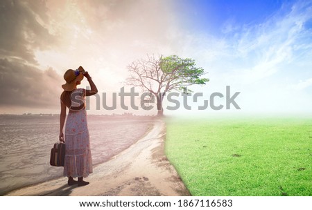 New life concept: Woman standing between climate worsened with good atmosphere Royalty-Free Stock Photo #1867116583