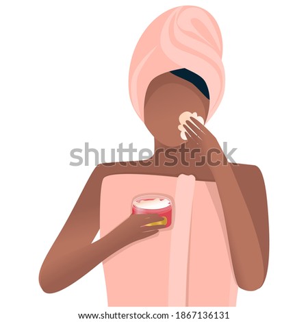 Afro-American woman after shower makes cosmetic procedures on her face. The concept of a healthy lifestyle, cosmetology, skin care for the face, eyes, spa treatments. Cartoon flat style