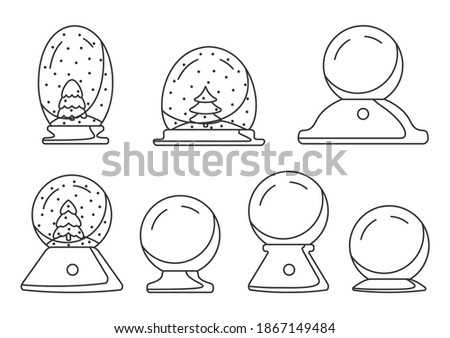 Xmas snow globe with fir-tree, outline icons set. Christmas winter present. Magic gift souvenir ball. Translucent snow sphere traditional symbol New year holiday. Isolated on white vector illustration