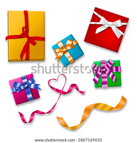 Clipart from bright gift boxes and satin ribbons on a white background. Each element has a shadow.