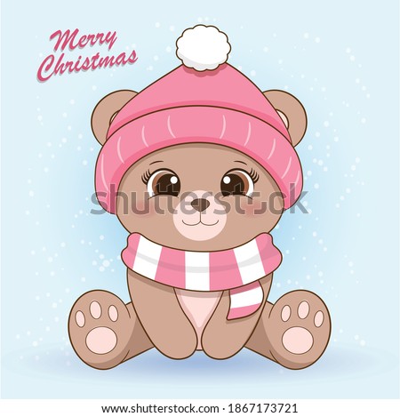 cute baby she-bear wearing scarf and pompom hat