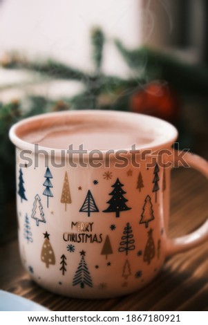 Closeup of a cup of hot chocolate. Christmas breakfast . High quality photo