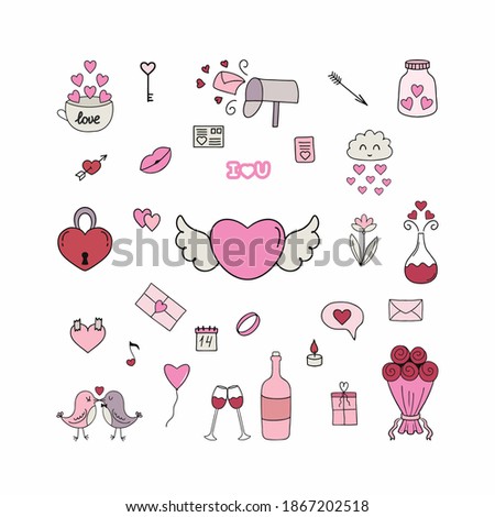 Large set of icons for Valentine's day. Cute Valentine's day stickers drawn in Doodle style. Vector illustration for February 14.