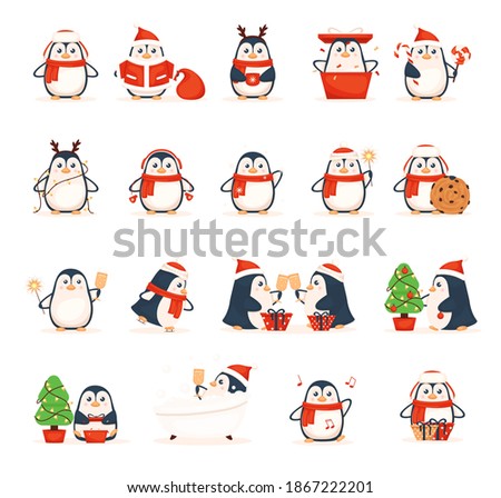 Set of cute penguins on a white background. Christmas penguins in snake knitted clothes. Cartoon Christmas penguins. Vector illustration