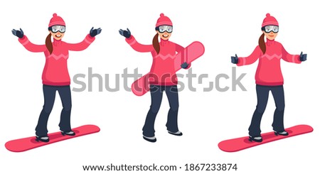 Snowboarder in different poses. Female character in cartoon style.