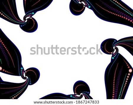 A hand drawing pattern made of pink and blue dots and white on a black background 