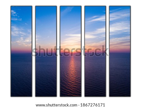 Abstract aerial view of a sunset sky background. Aerial Dramatic gold sunset with evening clouds over the sea. Stunning sky clouds in the sunset. Sky landscape. Aerial photography.