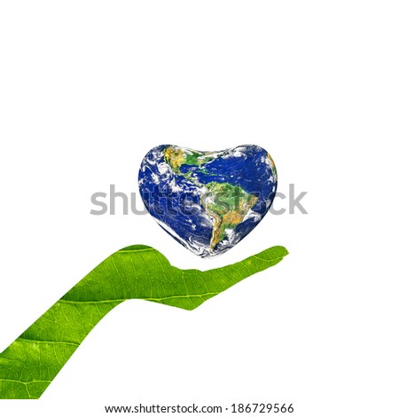 A conceptual for loving the world. Globe heart shape in woman hands isolated on a white background.Elements of this image furnished by NASA