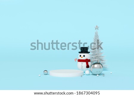 Cute Snowman standing with christmas ball ornaments object group with podium display stand on Xmas background 3d rendering. 3d illustration celebration, christmas and new year concept.