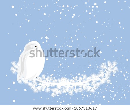 cute snowy owl sitting on pine tree branch under falling snow - winter holidays festive copy space vector background design