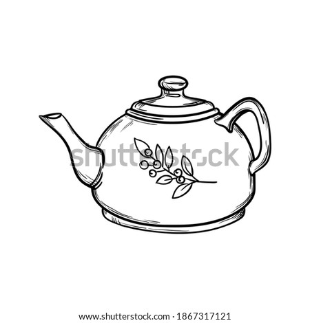 Porcelain teapot, coffee pot with drawing isolated on white background. Hand-drawn vector illustration.