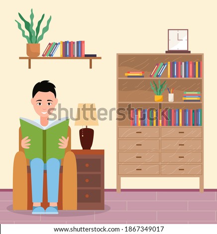 Young man sitting in a chair and reading his favorite book next to the bookcase vector illustration living room interior. Male reader smiling student character in armchair relaxing with a book