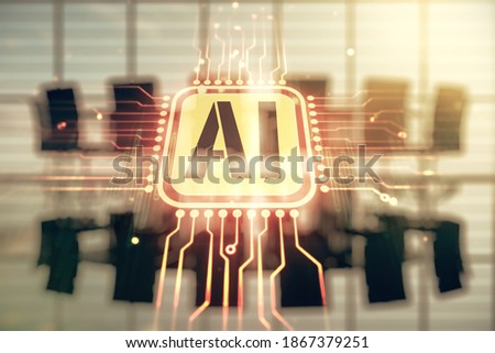 Abstract virtual artificial Intelligence symbol hologram on a modern conference room background. Multiexposure