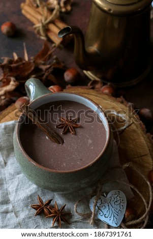 hot chocolate with cinnamon and star anise in a large ceramic cup