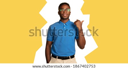 Pointing. Young african-american man's portrait isolated on yellow studio background. Collage in magazine style. Flyer with trendy colors, copyspace for ad. Discount, sales season, fashion concept.