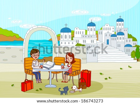 Illustration of travel tourists in Greece