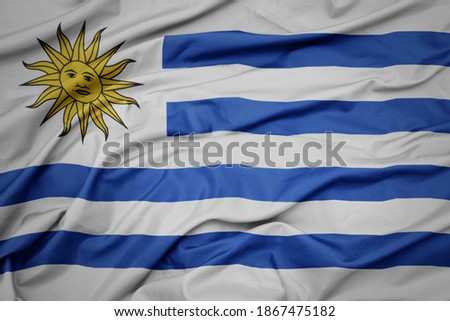 waving colorful national flag of uruguay. macro shot